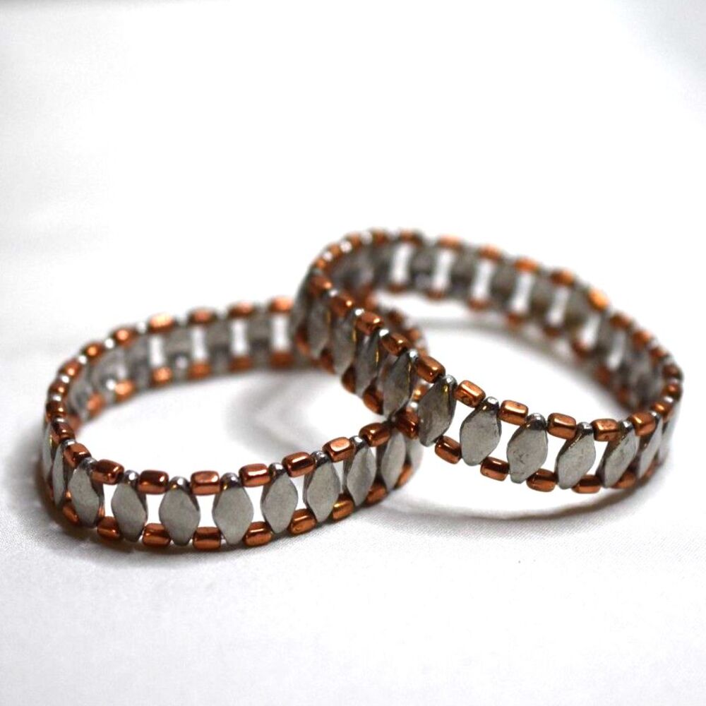 NWOT 2 Trendy Metalic Silver/Copper Tone Cylindrical Beaded 6" Stretch Bracelets